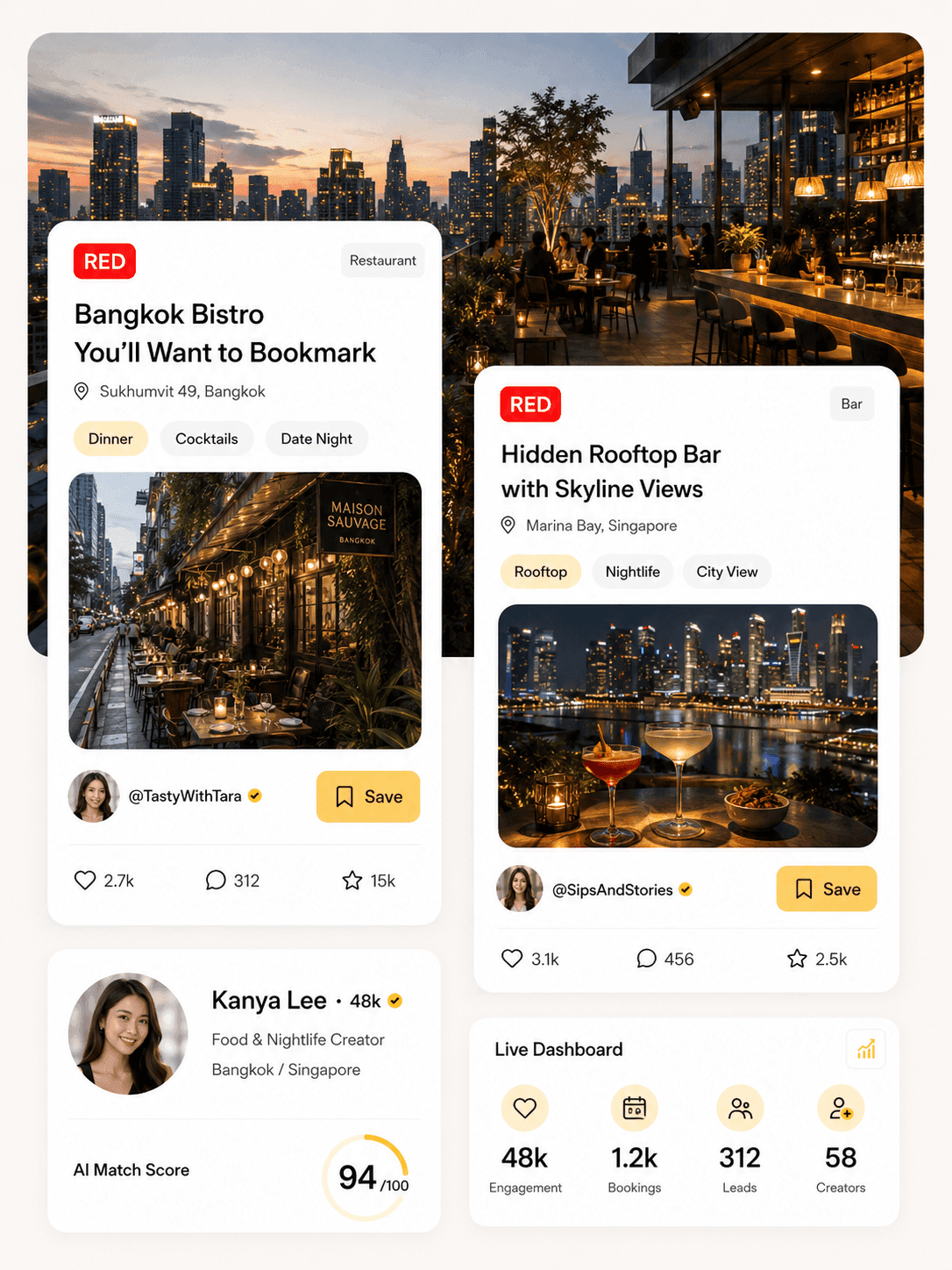 Daisy Club product collage with RedNote content, creator cards, and performance dashboard