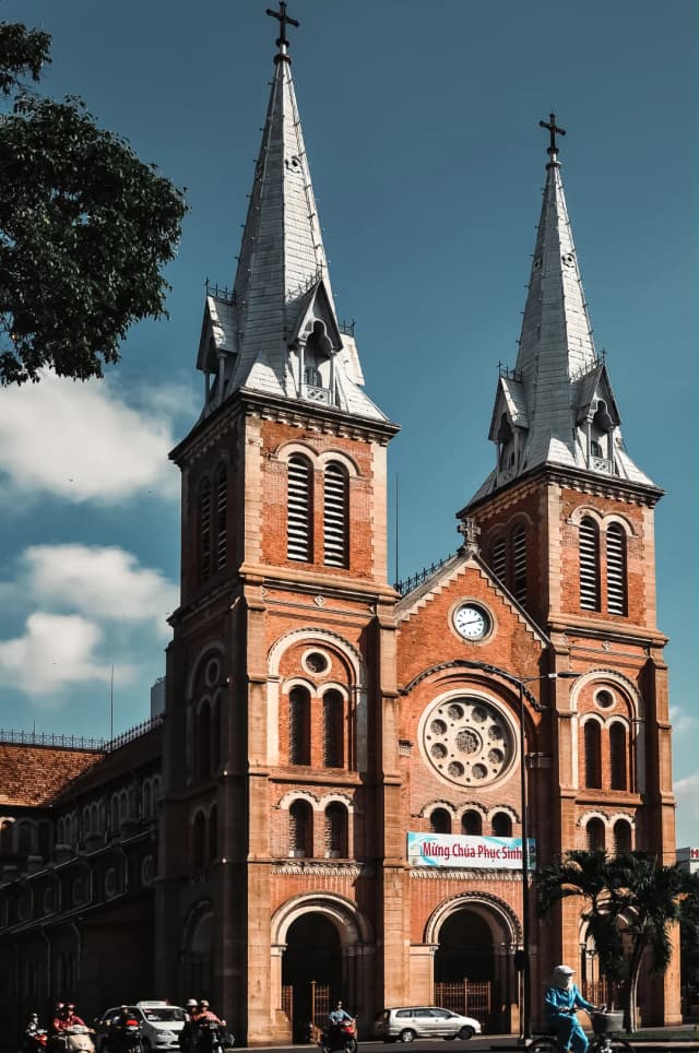 Saigon's iconic Red Church is currently undergoing renovations, but its majestic exterior remains a symbol of the city's history.