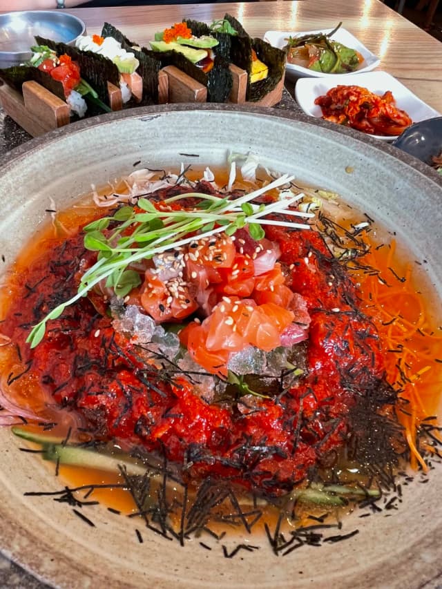 At Jagalchi in Lidcombe, $30 per person brings thick-cut sashimi freedom with a mixed bowl big enough to feed two.