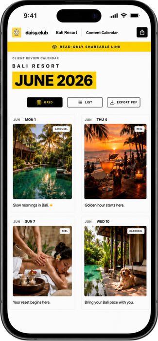 Rounded phone mockup showing a generic Daisy Club monthly content calendar for a hospitality brand